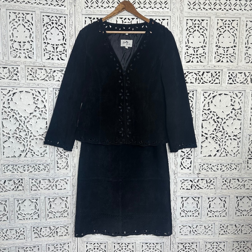 Scully Western Wear Black Genuine Suede Leather Cutout Skirt And Blazer Set Sz L